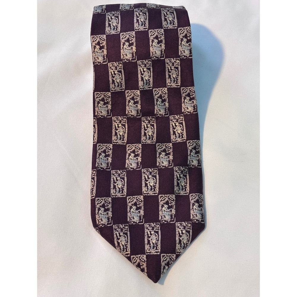 Salvatore Pellegrino Burgandy Silk Tie Classical Figure Pattern Handmade Italy